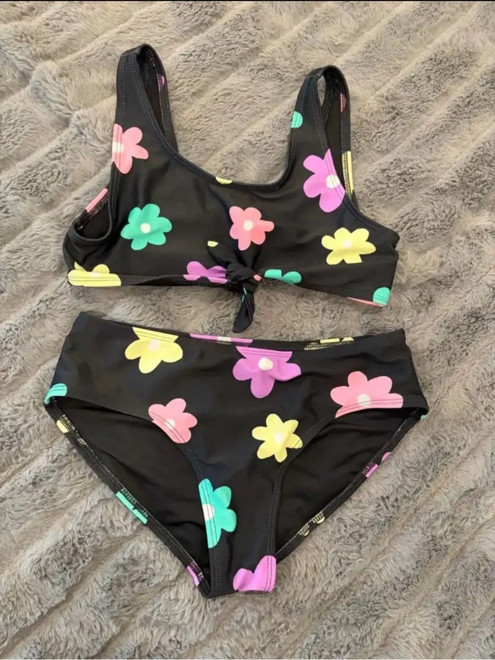 Old Navy Black Floral Print Girls Two-Piece Swim Set